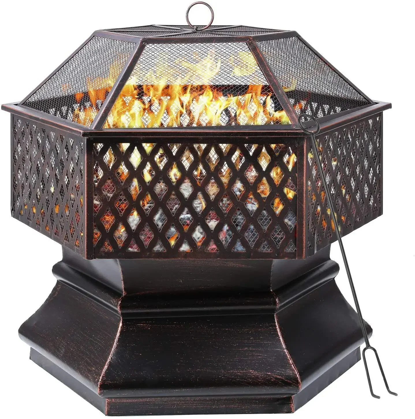 

30" Hexagonal Garden Fire Pit Fire Pit with BBQ Grate Spark Guard Poker and Charcoal Grate for Heating/Grilling Garden Beach Pat