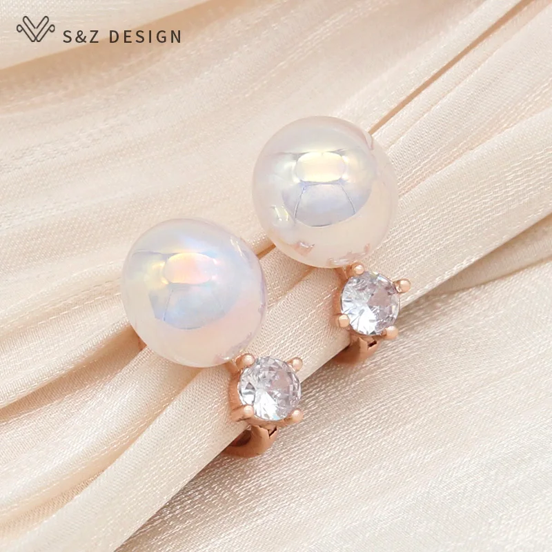 S&Z DESIGN New Fashion Square Simulated-pearl 585 Rose Gold Color Cubic Zirconia Dangle Earrings For Women Wedding Jewelry