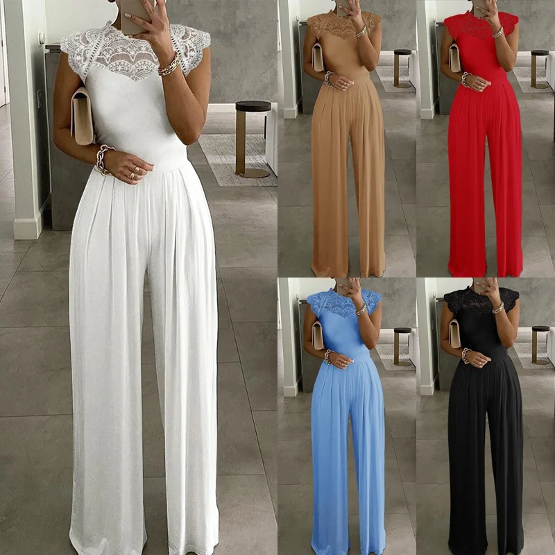 White Jumpsuit Women Spring 2023 Fashion Office Lady Jumpsuit Lace Collar Crew Neck Solid Color Jumpsuits