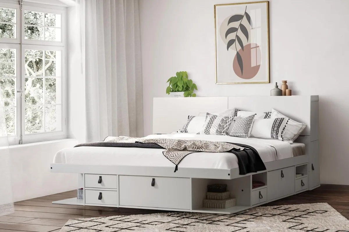Bali Storage Set Platform Bed with Drawers + Storage Headboard (King Size White Wood) PLENTY OF STORAGE SPACE