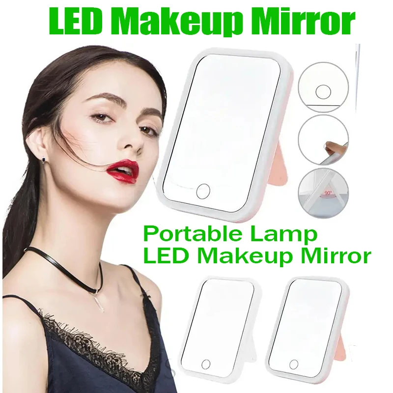 LED Makeup Mirror with LED Light Touch Screen Portable Standing Folding Vanity Mirroir Adjustable White Pink Household Dormitory
