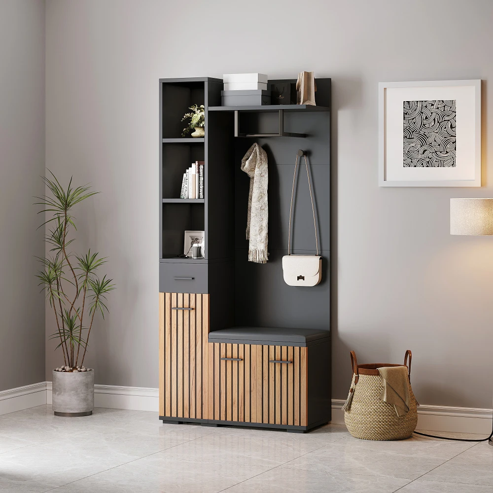Kleiderschrankständer mit Spiegel, Schuhbank, Schuhschrank, Schublade, Regal und Kleiderhaken, Holzfarbe Weiß – Detail 15