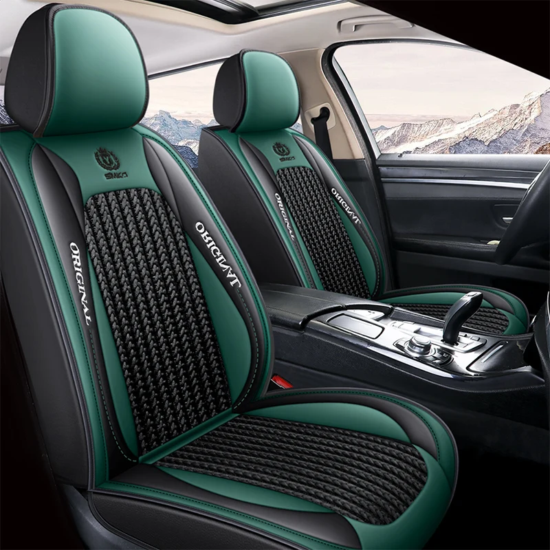 

Leather&Ice Silk Car Seat Covers, Faux Leatherette Automotive Vehicle Cushion Cover Universal Fit Set Auto Interior Accessories