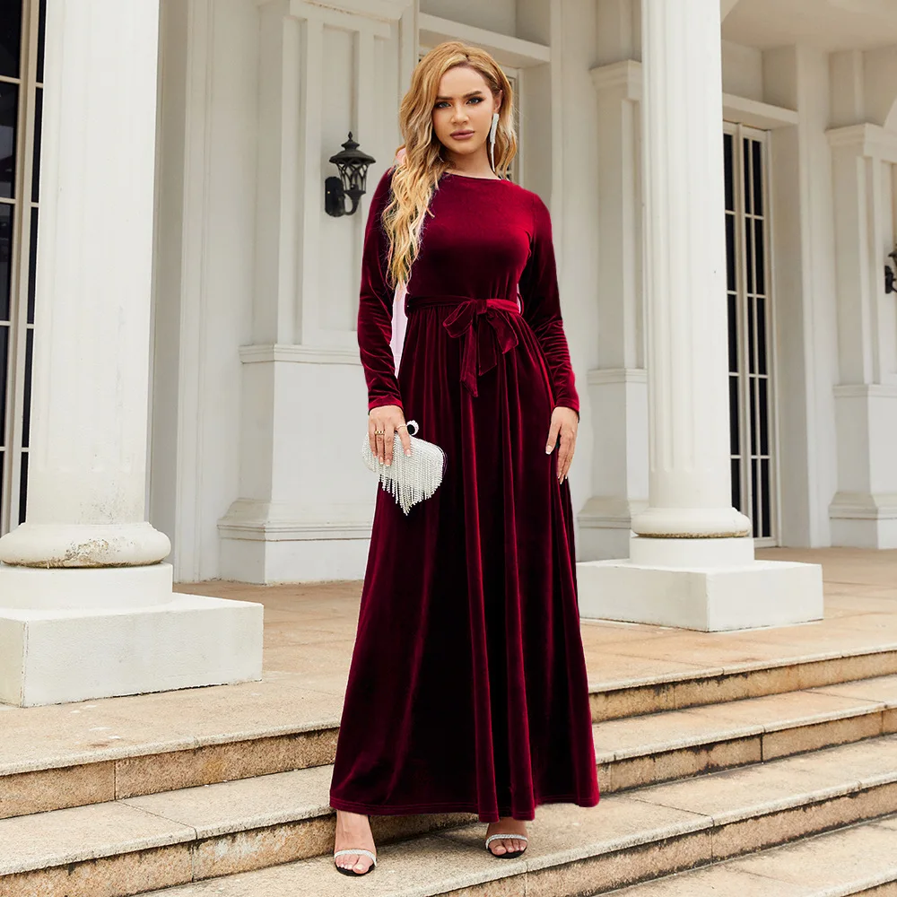 Elegant Temperament Velvet Pleated Long Dress Women Solid Color Long Sleeve High Waist Belt Party Maxi Dresses Evening Vestidos 2