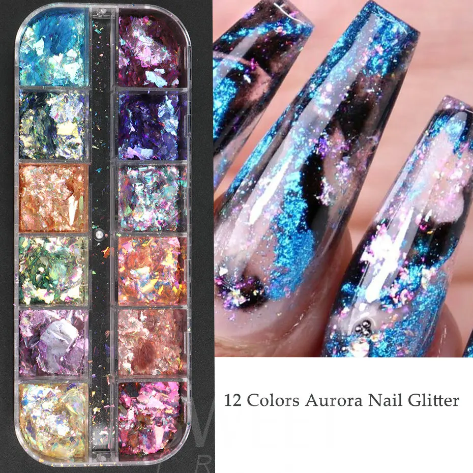 12Grid Aurora Ice Crystal Opal Powder Nail Glitter Iridescent Dust Charm Nail Flakes Slice Sparkly Brocade Sequin Manicure BEYFH