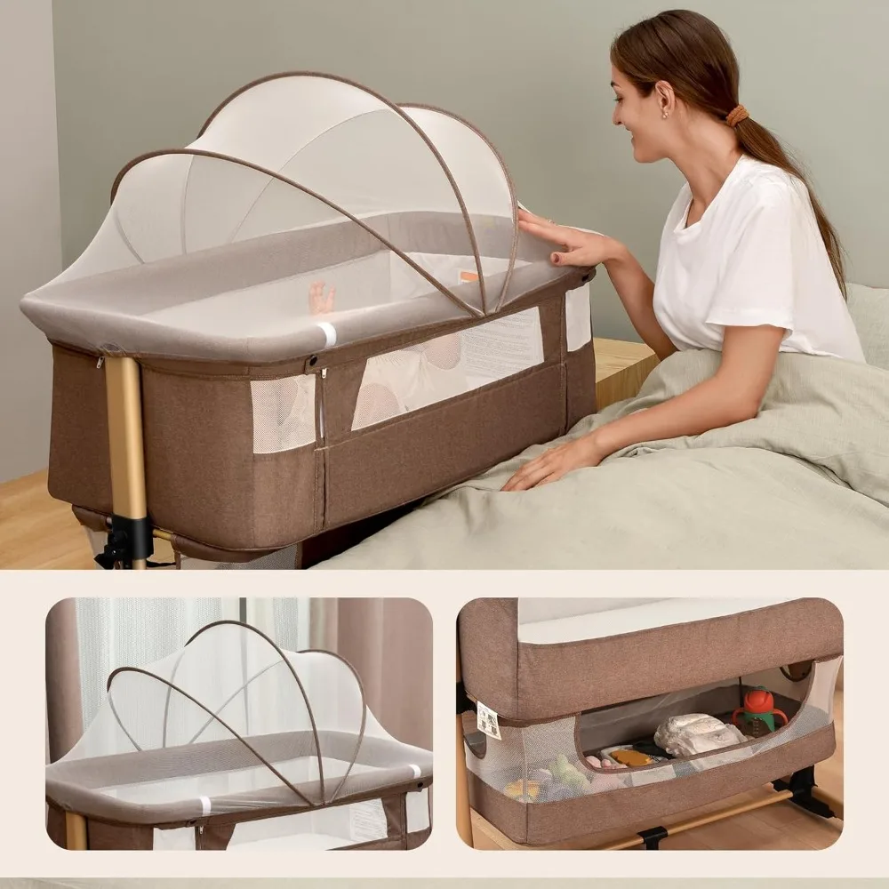 Baby Crib,3 in 1 Baby Bassinet Bedside Crib Adjustable Portable Bed for Infant,Baby Newborn Must Have Bed,Khaki 2