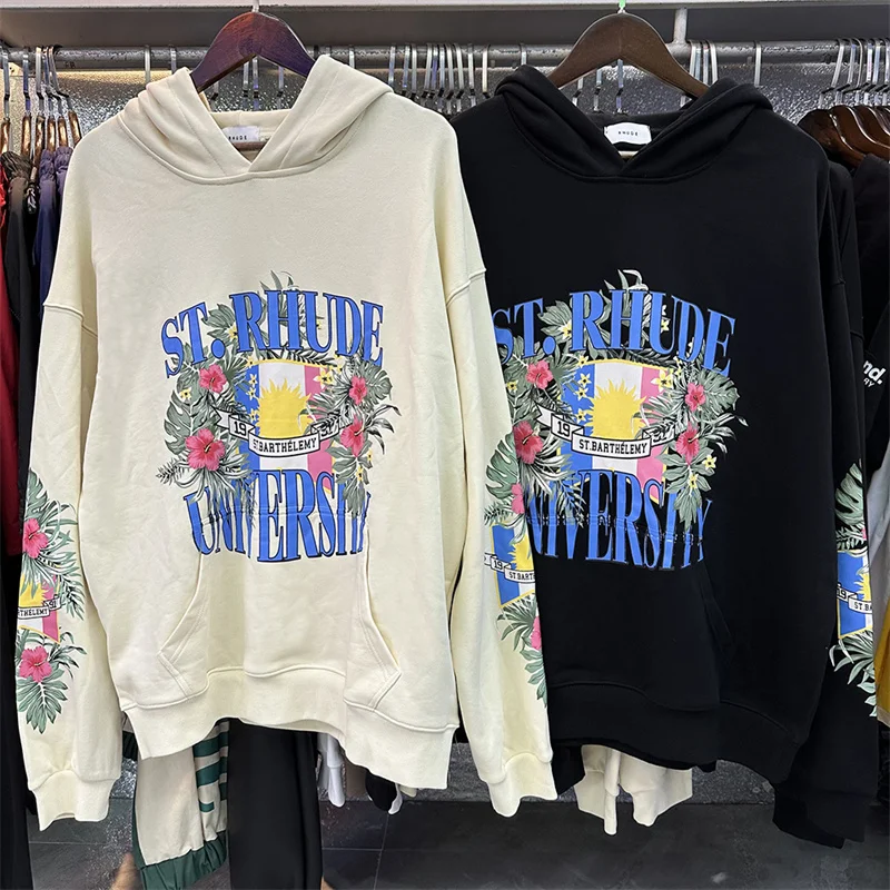 

Nice Rhude Flower Flag Printed Hoodie Men Women High Weight Cotton Terry Sweatshirt Oversized Pullover