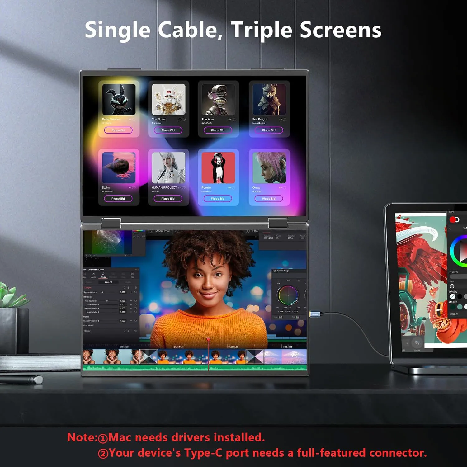 14''/15.6'' 휴대용 스택형 듀얼 모니터, Mac/Windows/PC 노트북용 USB-C HDMI 여행용 디스플레이, 접이식 노트북 화면 확장기