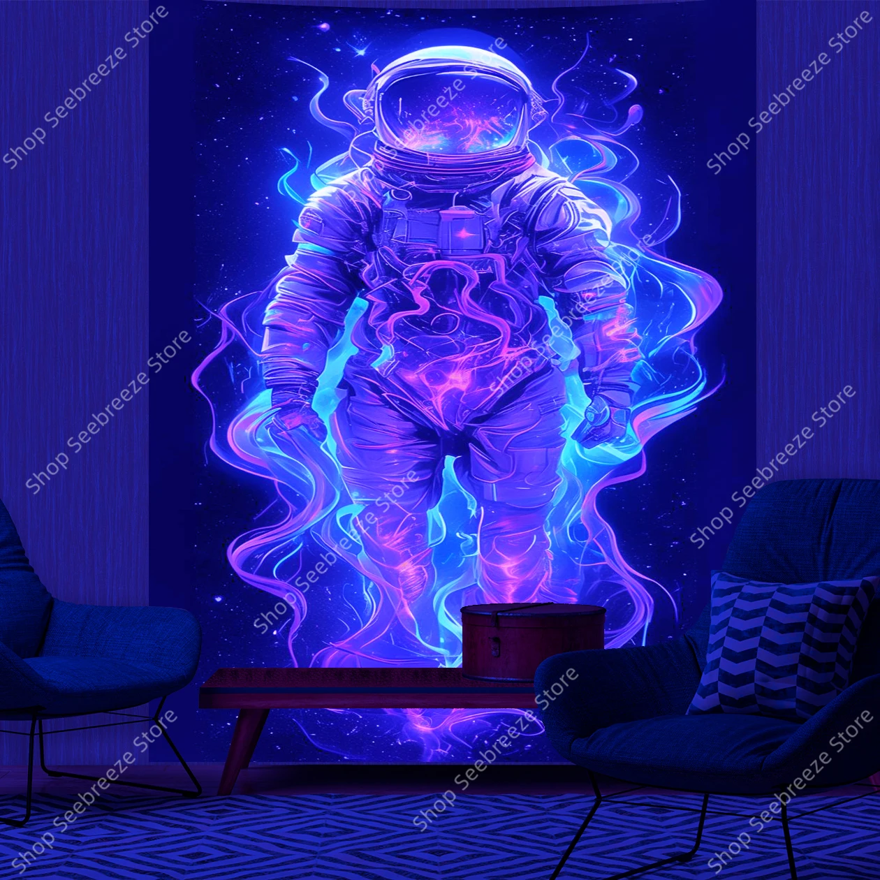 갤럭시 우주 UV 반응 태피스트리, 히피 우주 비행사, 네온 아트 태피스트리, 침실 미학, 기숙사 파티 장식, 벽걸이