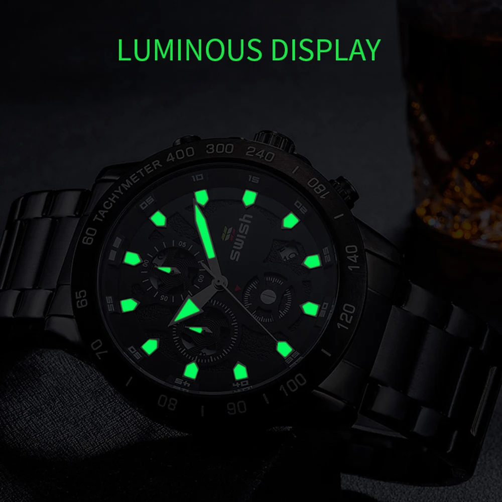 SWISH Men's Watches Two Tone Gold Business Quartz Watch for Man Waterproof Luminous Stainless Steel Wristwatch Male Date Week