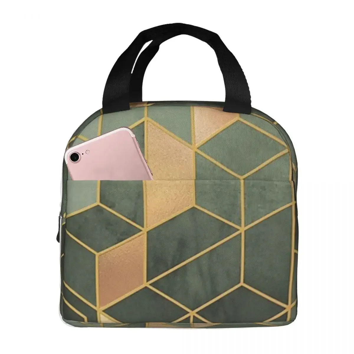 

Olive Green Golden Hexagonal Modern Abstract Pattern Insulated Lunch Bag Picnic Bags Thermal Lunch Box Lunch Tote for Woman Work