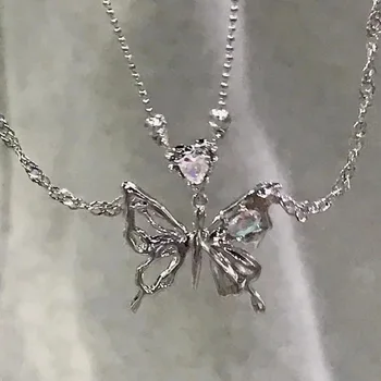 Y2K Crystal Butterfly Pendant Necklace Women Light Luxury Egirl Punk Heart Grunge Clavicle Chain Fashion Jewelry Par 1