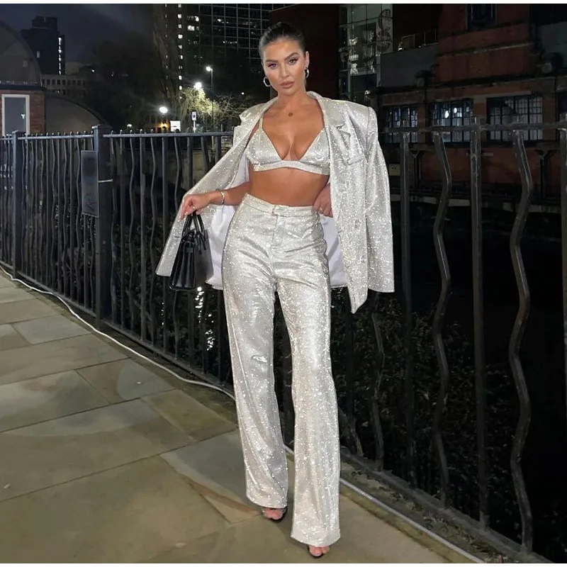 Women's Suit Glitter Silver Long Sleeve 
