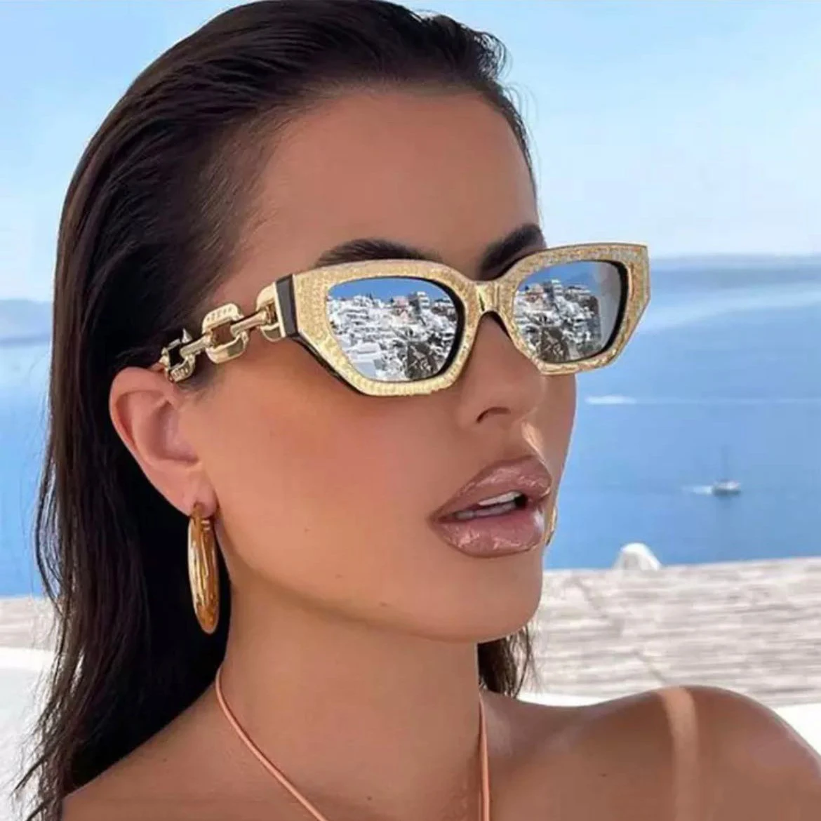Oversized Thick Frame Gold Cat Eye Sunglasses Women 2022 Luxury Designer Chain Leg Fashion Ladies Sun Glasses