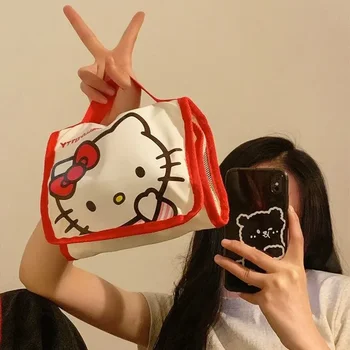 Bolsa de maquillaje plegable de gran capacidad Kawaii Sanrio, bolsa de almacenamiento de brochas de cosméticos portátil de viaje con bonito gatito Kuromi
