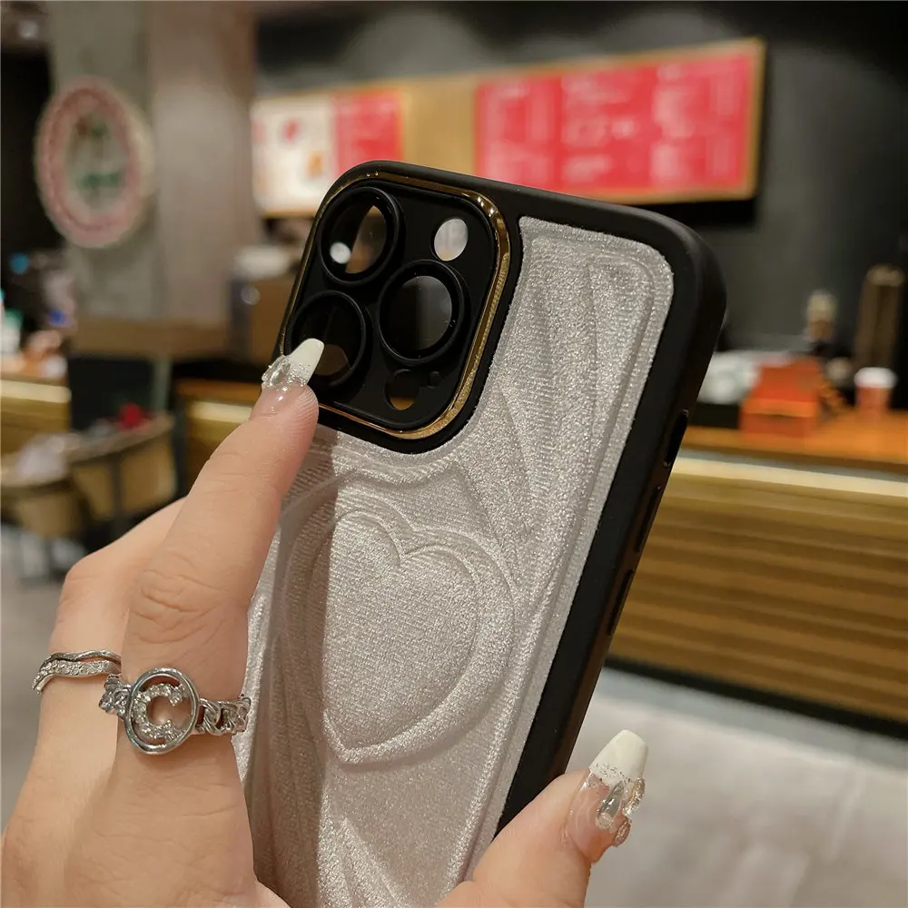 Custodia morbida al tatto in pelliccia con motivo a cuore 3D per iPhone 15 14 Plus 12 13 11 Pro Max, pellicola protettiva antiurto in vetro temperato_voghion.com