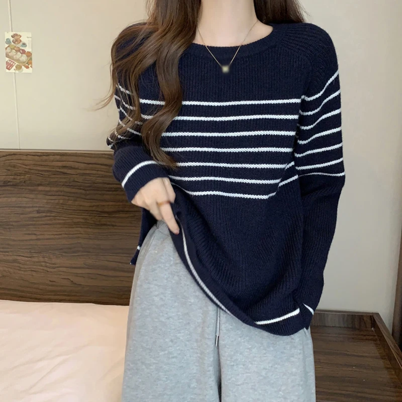 

Зимние полосатые винтажные свободные вязаные свитера с круглым вырезом, женский модный пуловер в Корейском стиле с длинным рукавом, женский свитер