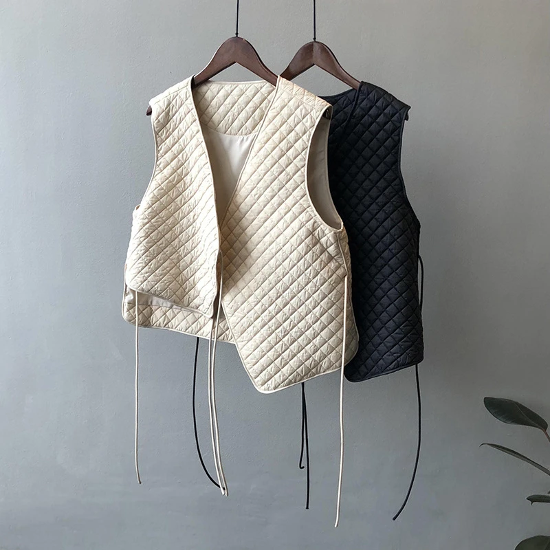 

Solid Colour Tie Cotton Vest Women 2023 Autumn and Winter New Korean Loose Casual Sleeveless Top Plaid Short Cotton Clothing