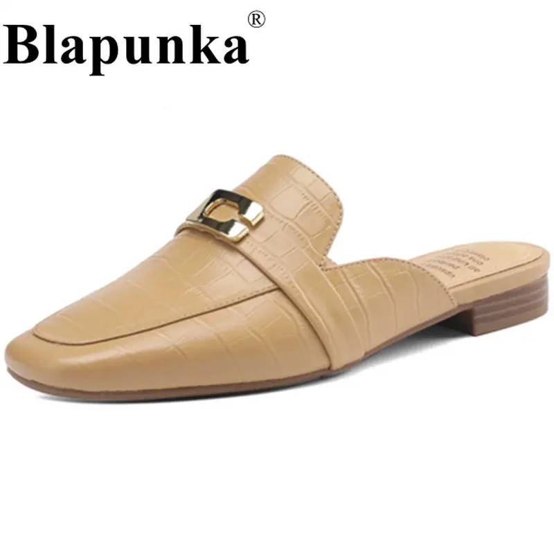 

Blapunka Women Crocodile Pattern Genuine Leather Slip-on Mule Slippers Metal Decorate Black Beige Square Closed Toe Slide Sandal