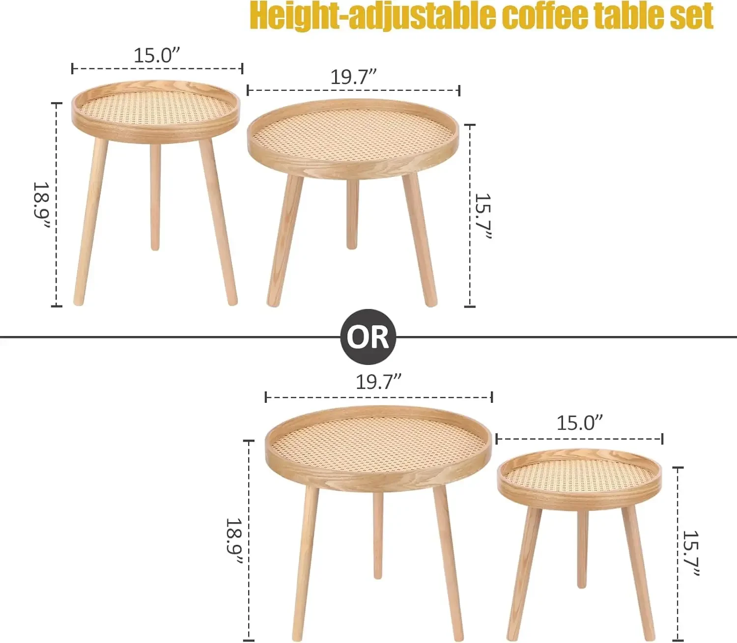 Round Coffee Table Set of 2, Natural Boho Coffee Table, Small Mid Century Modern Rattan Coffee Table, Boho Side Table End Tables 3