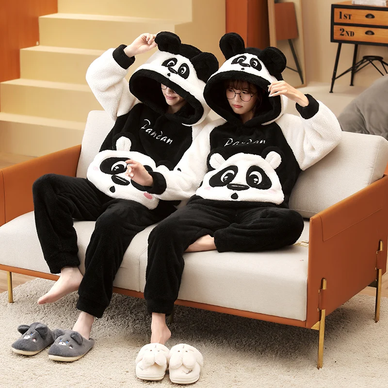 Winter Couple Pajamas Set Women Men Plush Soft Thicken Pyjamas Sleepwear  Korean Loose Homewear Cartoon Panda Pyjamas Suit