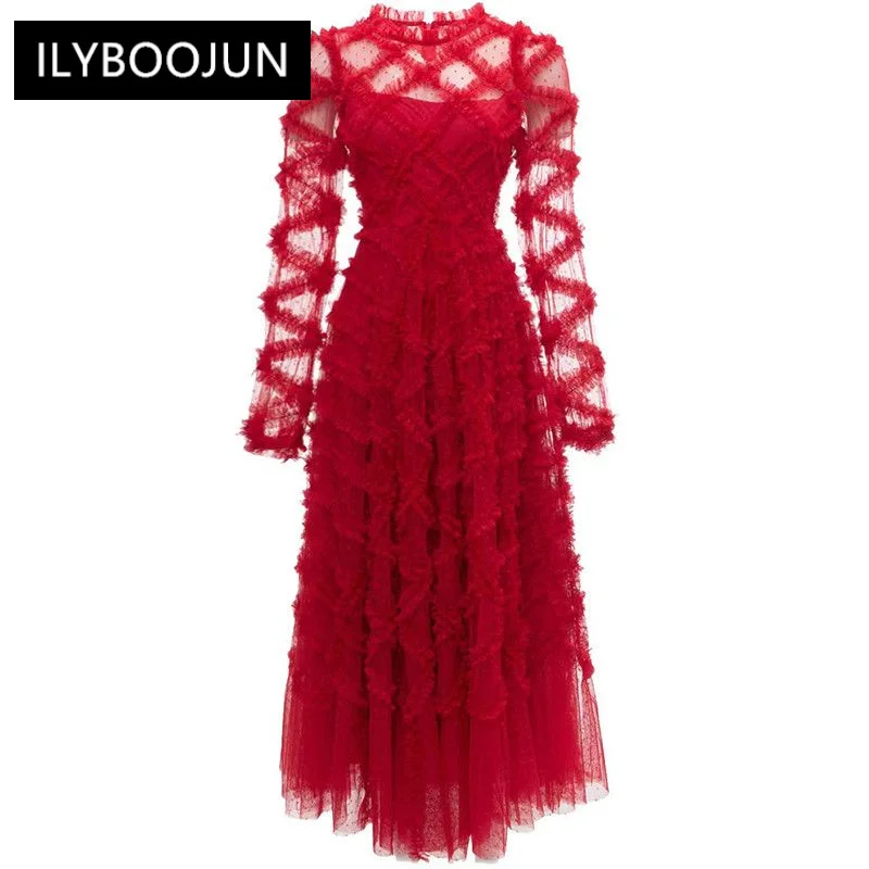 

Dresses For Women 2023 Luxury Autumn Dot Mesh Dress Women O-Neck Lantern Sleeve Ruffles Solid Color Vintage Party Long Dress