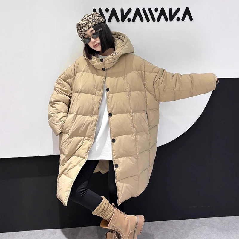 Hiver longue solide ample à capuche doudoune femme simple boutonnage Parker outwear femmes blanc canard vers le bas épais décontracté doudoune