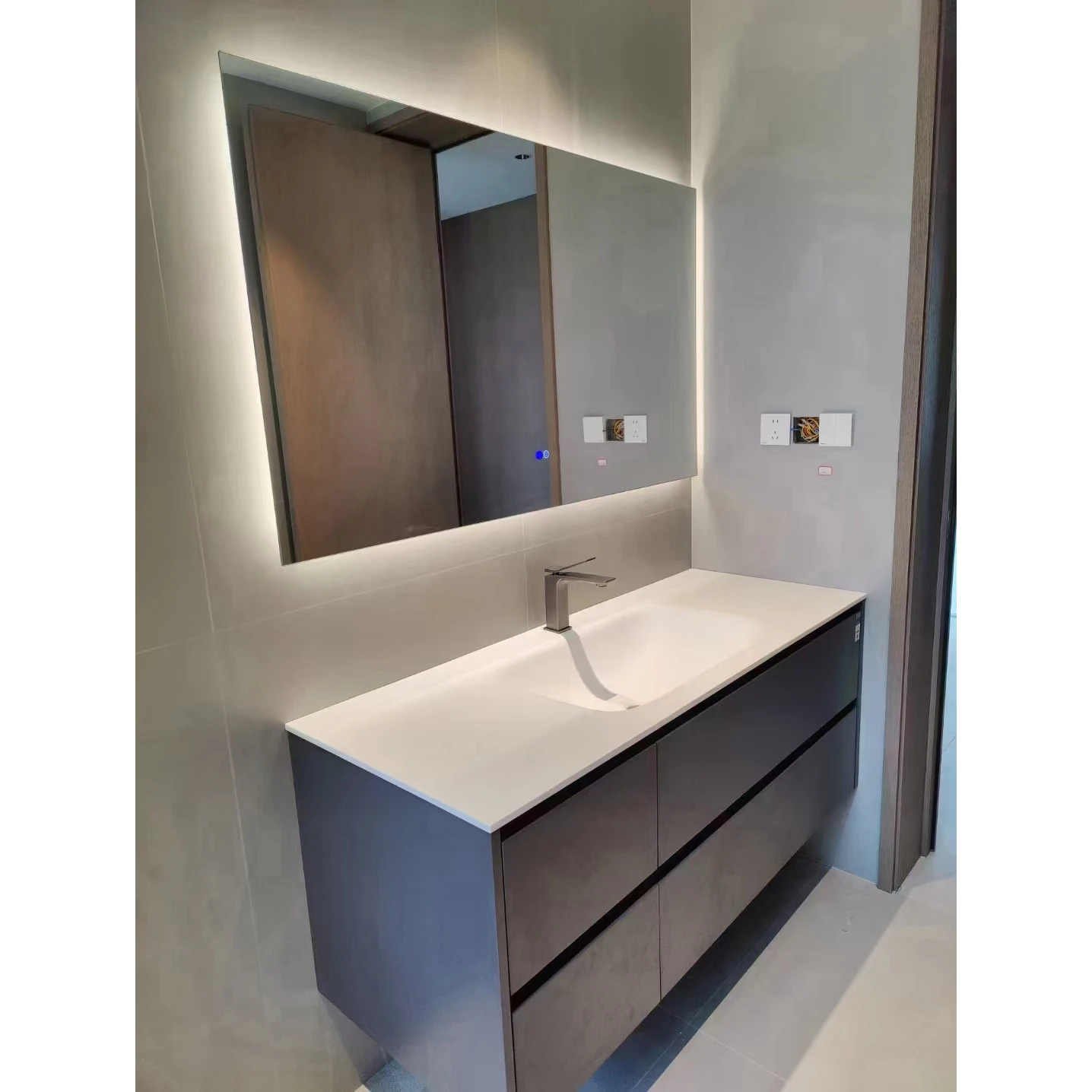 2000mm Bathroom Furniture Corian Basin Oka Wood Cabinet Light Mirror Custom-Made Comb Vanity 008A