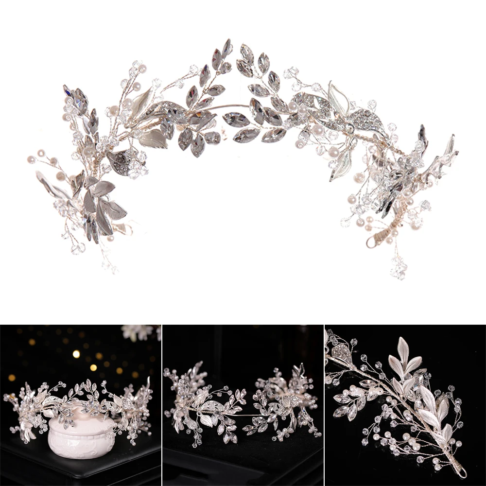 Female Wedding Leaf Headband Party Prop Knitting Silver Gown Hair Vines with Rhinestones for Banquet Wedding Masquerade