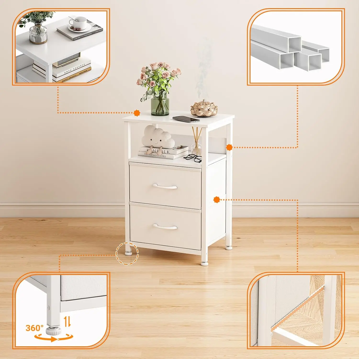 طاولة جانبية للسرير مع أدراج ورف مفتوح، طاولة قهوة...