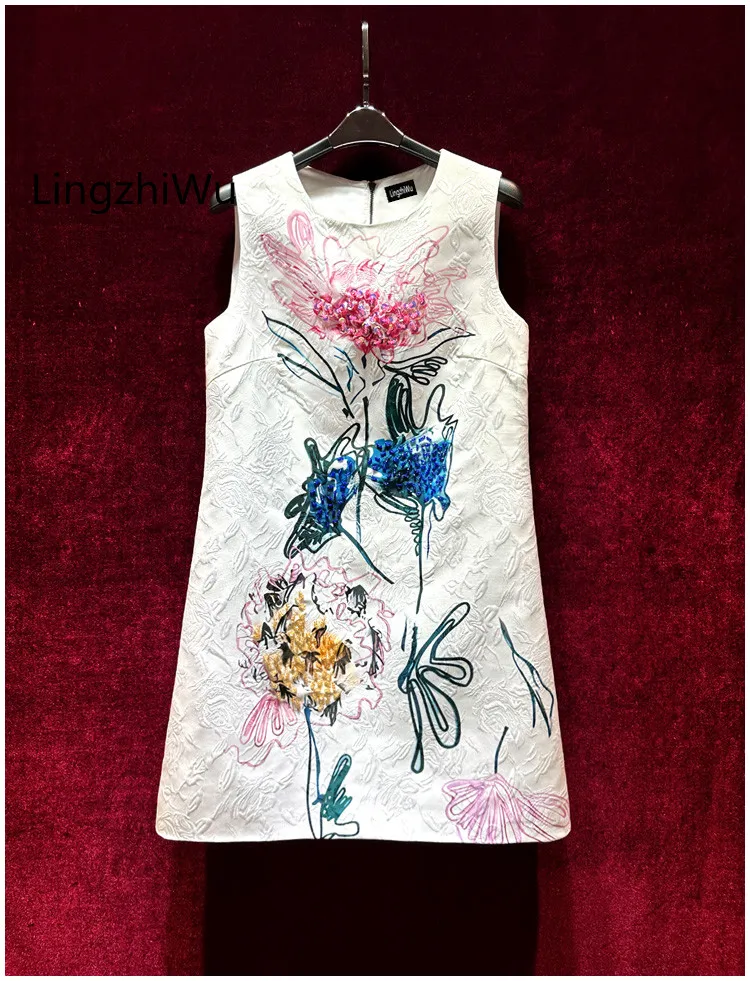 

LingzhiWu Jacquard Dress Elegant Fashion Print Handmade Beading Designer Sleeveless A-Line Dresses 2024 Summer New Arrive