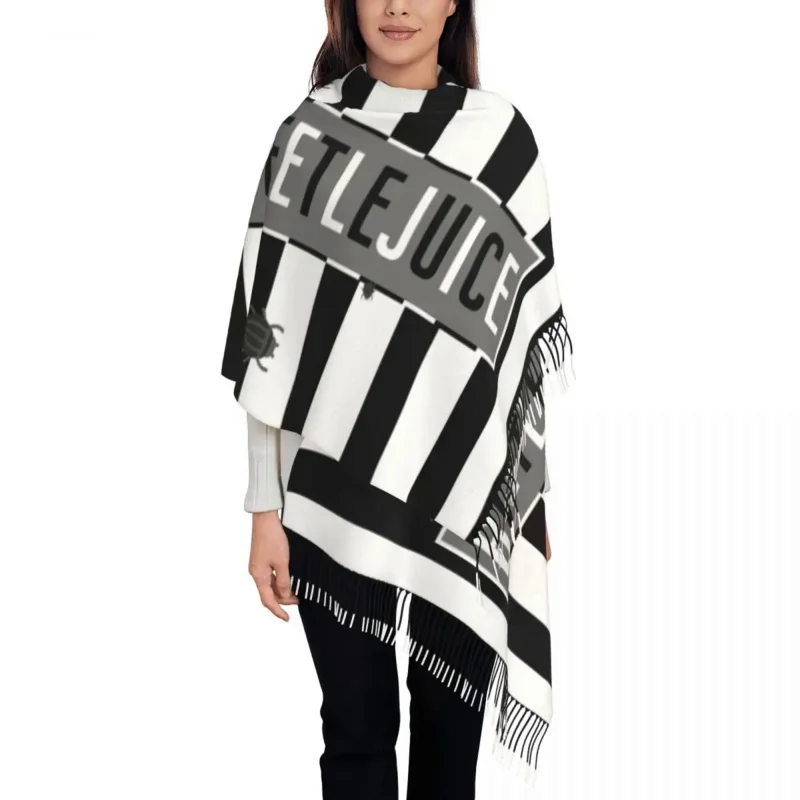 

Fashion Beetlejuice The Musical Tassel Scarf Women Winter Warm Shawls Wraps Lady Ghost Horror Movie Scarves