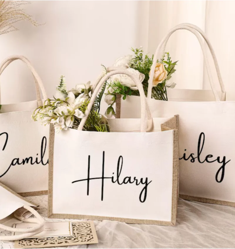 10 Borse In Iuta E Cotone Riutilizzabili Per Damigelle E Spose – Tote Bag Con Manici Per Matrimoni E Spiaggia - 2