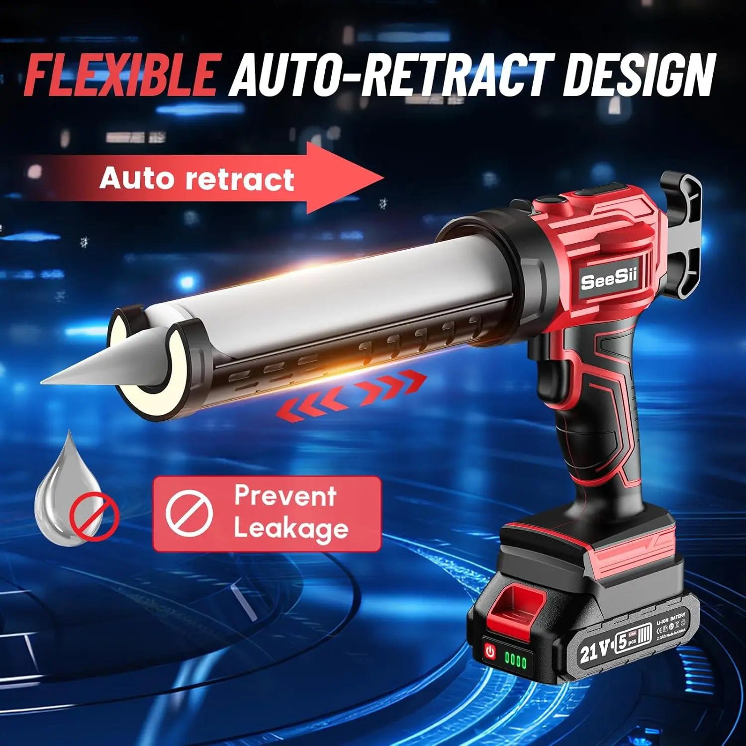Cordless Caulking Gun[2024 Upgraded], 21V Battery Powered Caulk Gun w/2 x 2.0AH Batteries, Electric Caulking Gun w/LED Li 4