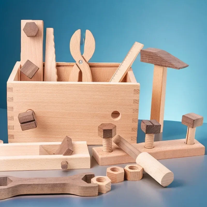 Kids Tool Set Wooden Educational STEM Construction Montessori Toys Role Play Interactive Games for Kid Portable Storage Tool Box