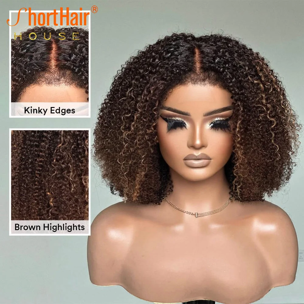 Highlight Wigs With Kinky Edges Human Hair Wigs 5x5 Lace Closure Human Hair Short Bob With Bangs Wear&Go Glueless