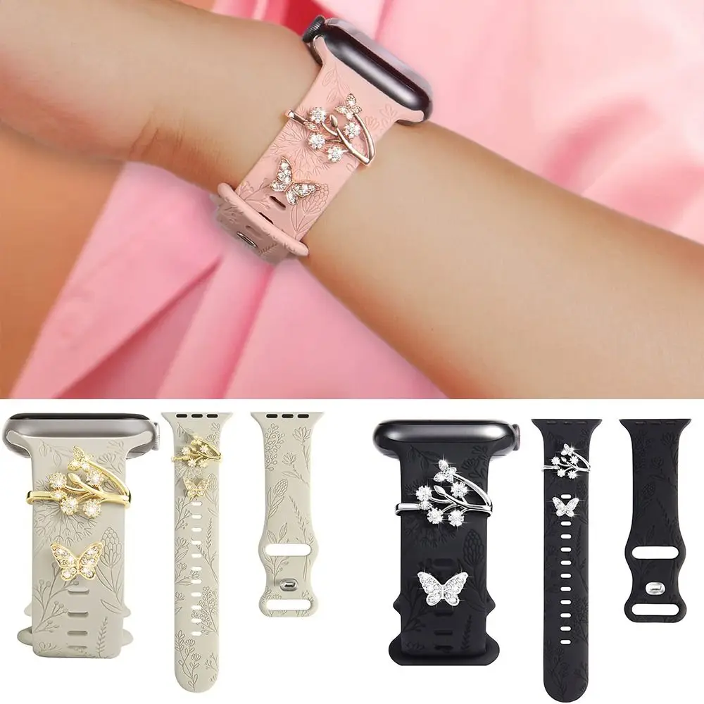 Elegant Diamond-Embellished Metal Watch Band Bracelet with Decorative Charms