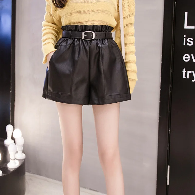 Summer Women PU Leather High Waist Shorts with Free Sashes Cool Punk Fashion Wide Leg Shorts Korean Solid Color Pocket Bottoming