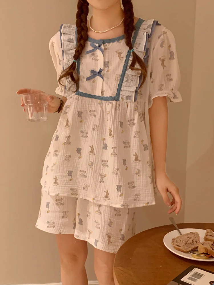 Stampa Cartoon Summer Princess Lace Ins Stile da ragazzina Carino pigiama corto con maniche Set Pama Donna Elegante Casual Due_voghion.com