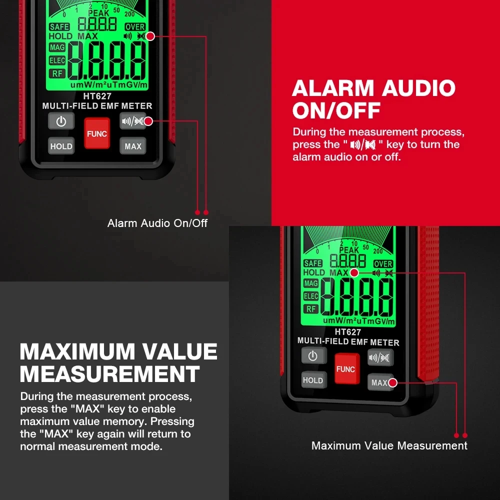 radiation detector HT627 EMF Meter Electromagnetic Radiation Tester Electric Field Magnetic Field RF Radiation Radio Frequency Detector Warn Meter