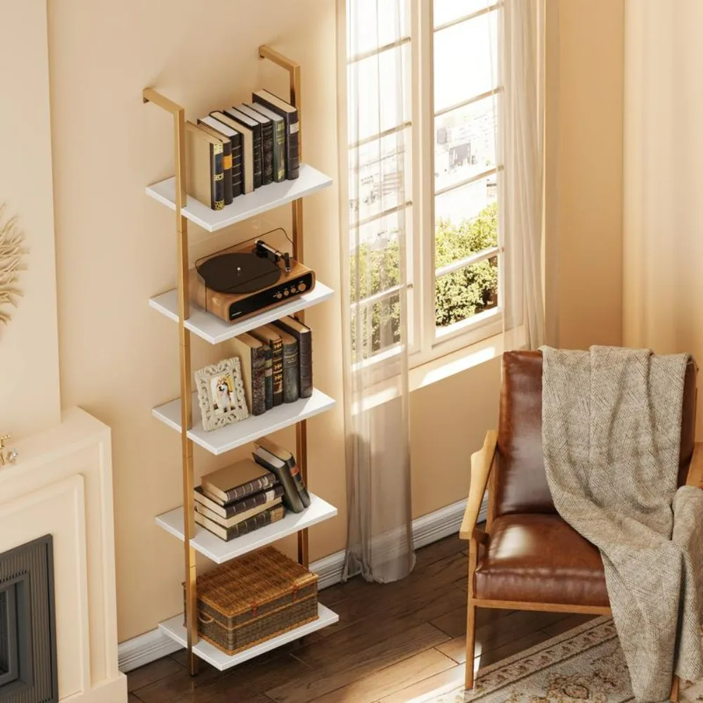 

5-Tier Book rack, Narrow Book rack, Open Wall-Mounted Ladder Shelf with Metal Frame, Display Book rack