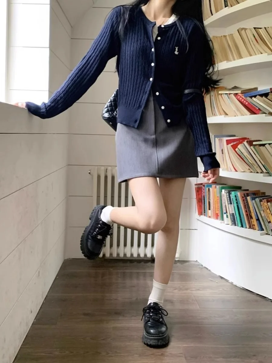 Navy blue rabbit embroidery 100% pure wool cardigan women's thin style long sleeved knitted sweater jacket unique and chic top