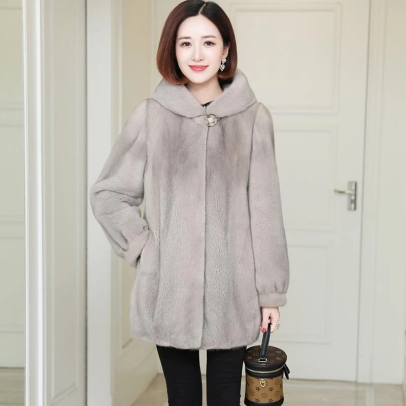 

Loose Oversized Hooded Fur Coat Women Imitation Mink Midi-Length Winter Jacket Windproof Thick Long Sleeve Vintage Plus Size