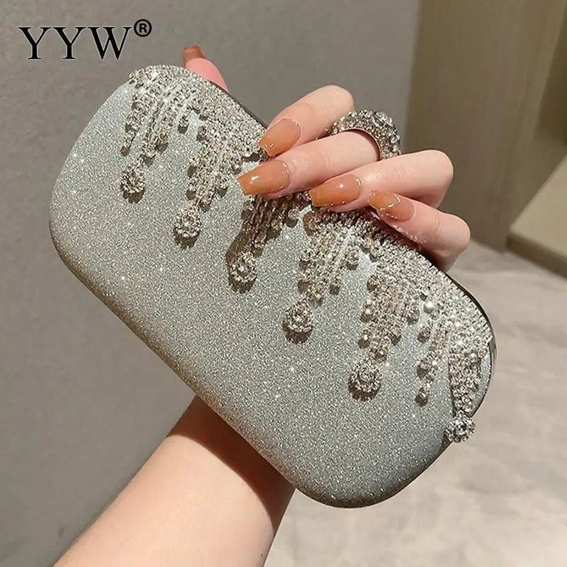 Luxury Silver Glitter Diamond Evening Clutch Handbag Shiny Rhinestone Ring Holder Matte Women Messenger Purse Metal Chain Bag
