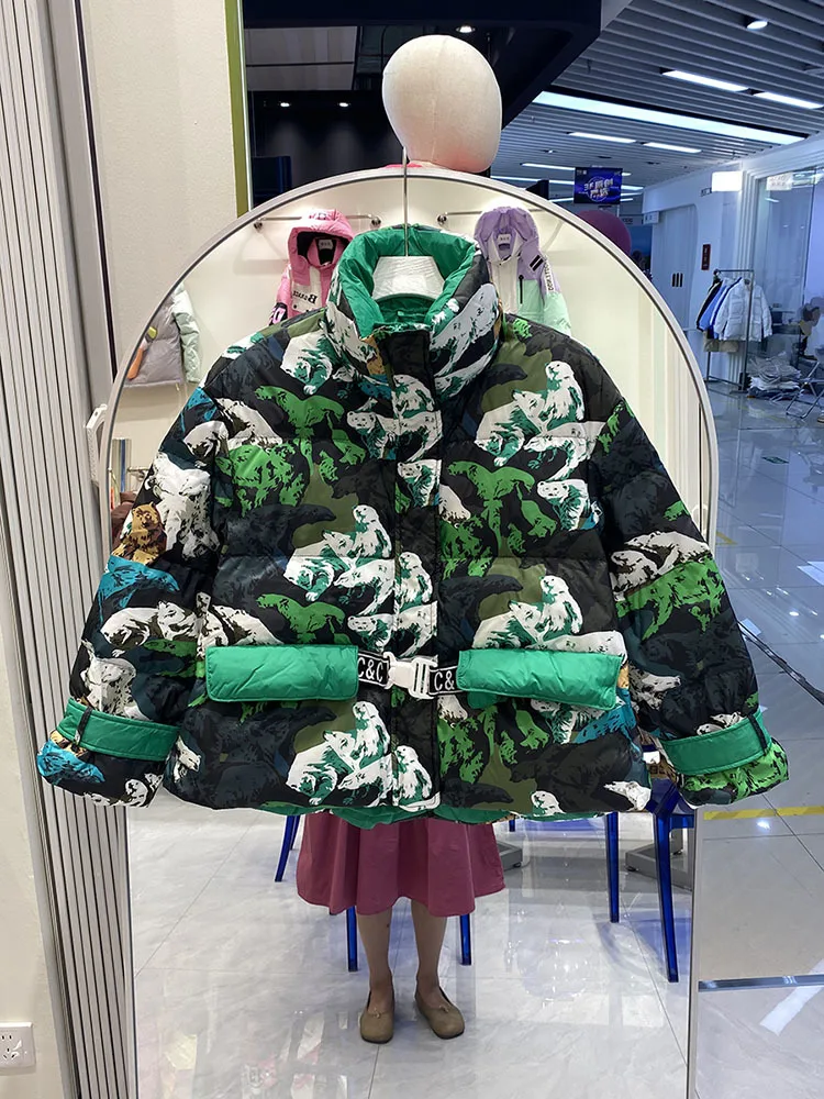 

Уличный стиль, цветочный принт, пуховик для женщин, 2023, зимнее толстое теплое пальто с воротником-стойкой, одежда оверсайз для девушек