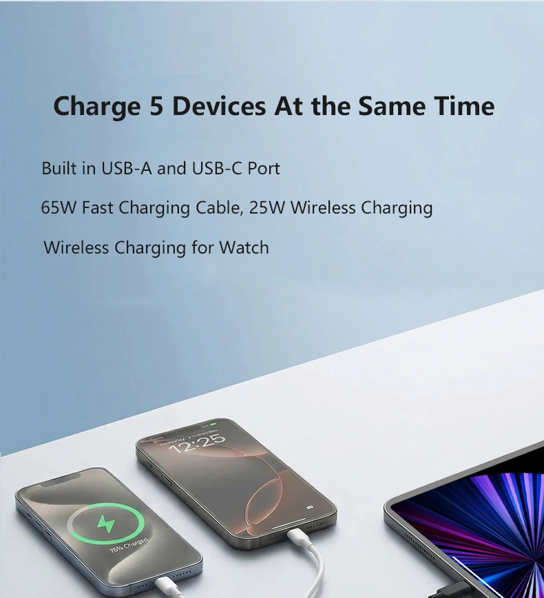 Solid-state Battery Qi2.2 25W Magnetic Wireless Power Bank PD65W Fast Charger for iPhone 17 iWatch Laptop Powerbank with AC Plug