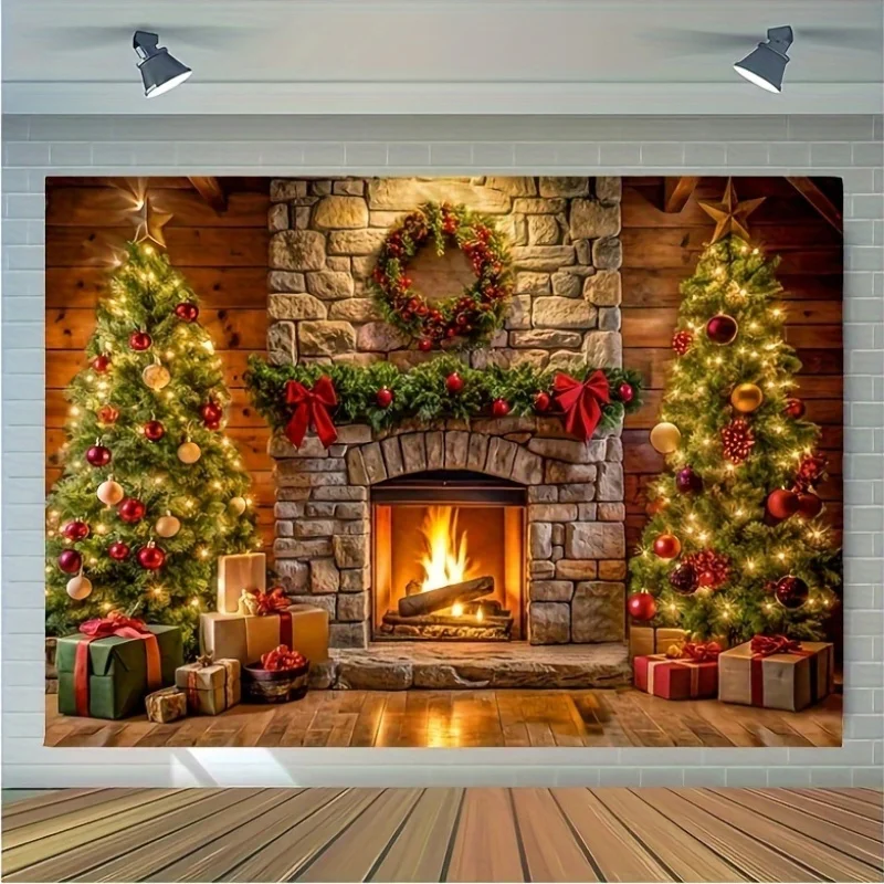 Christmas fireplace background with Christmas tree wreath suitable for holiday party cake table room decoration holiday banner
