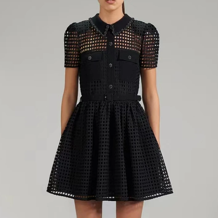 

2023 Spring and Summer New Heavy Industry Ladies Lace Plaid Hollow Dress