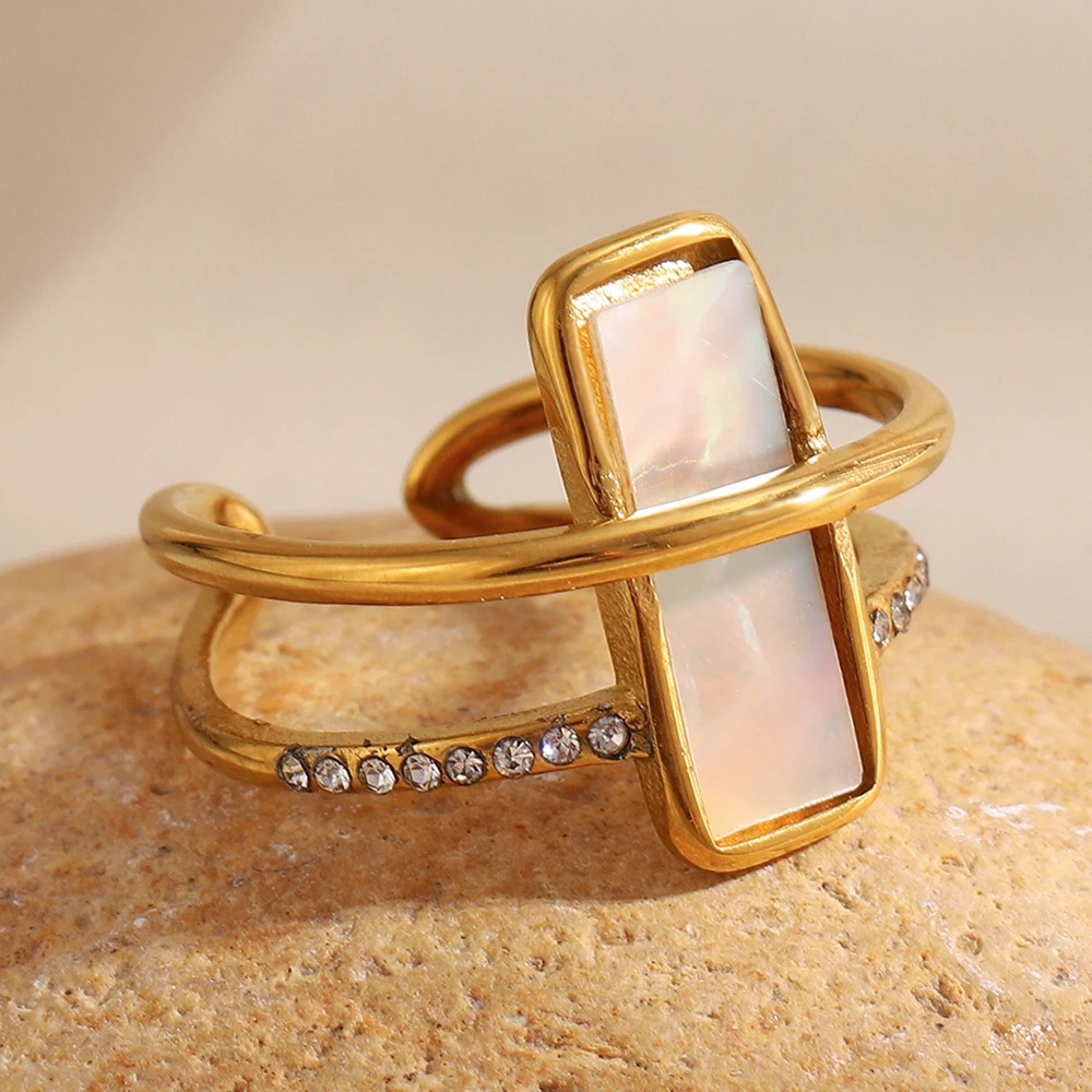 E.B.belle Double Layers Luxury Rhinestone White Rectangle Shell Cuff Ring Stainless Steel Women Party Dating Jewelry Accessories
