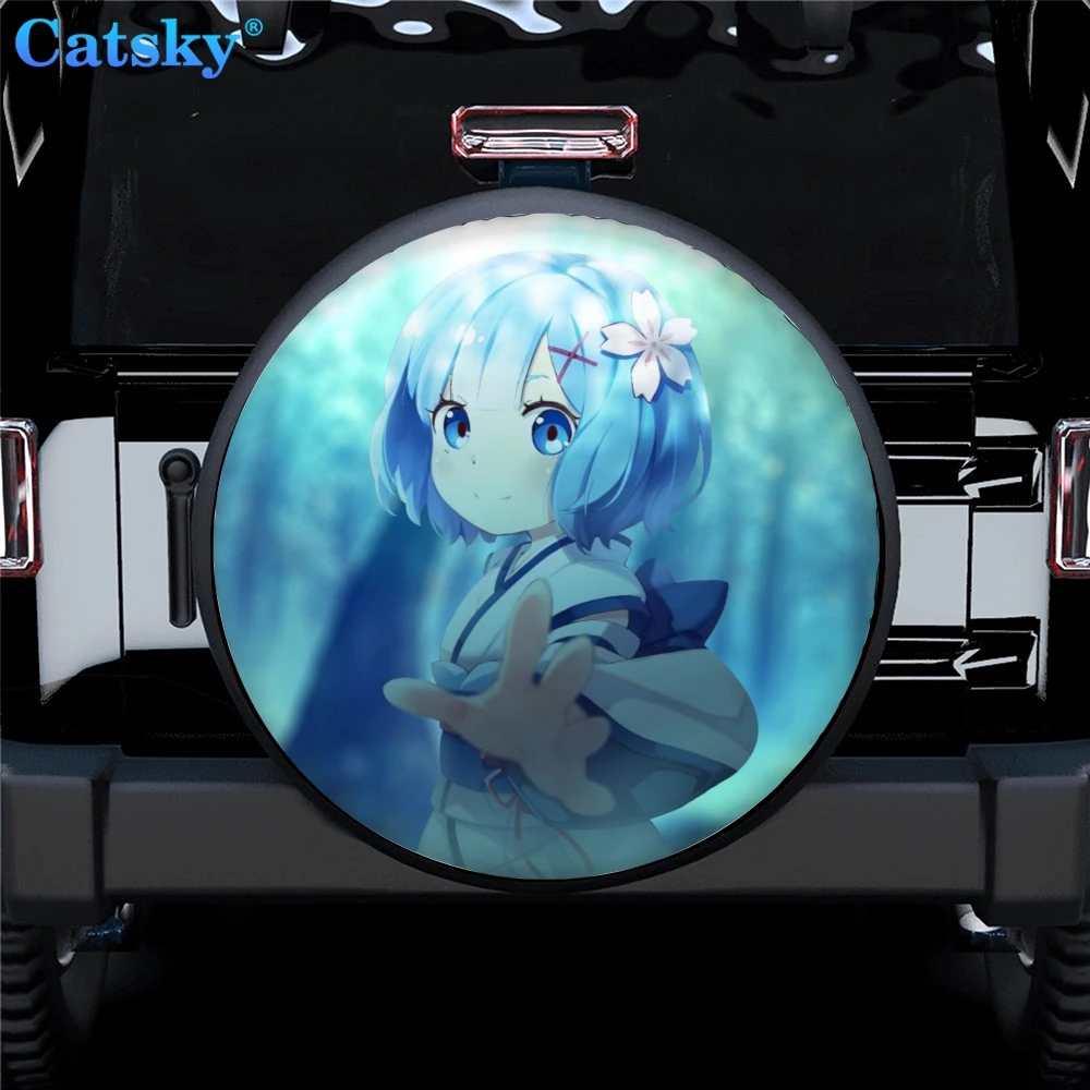 

Чехол для запасного колеса автомобиля с японским аниме девочкой Re:Zero голубой, протектор для колес, всепогодный универсальный чехол для запасного колеса, украшение
